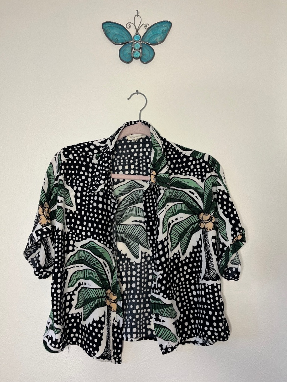 Black, white, palm tree colored button up